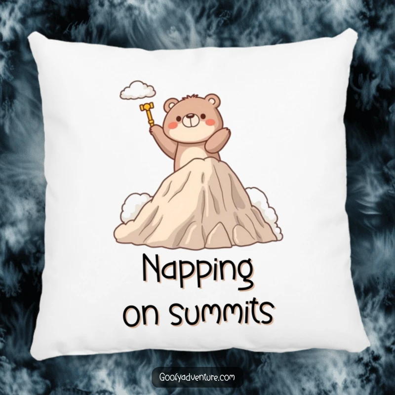 Funny pillow featuring a determined bear climbing a fluffy cloud mountain, offering comfort and a motivational daily reminder.