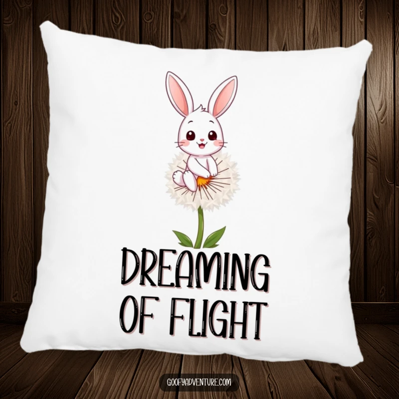 Funny bunny character resting on a fluffy dandelion seed, featured on a soft pillow, creating a cozy atmosphere, funny gift.