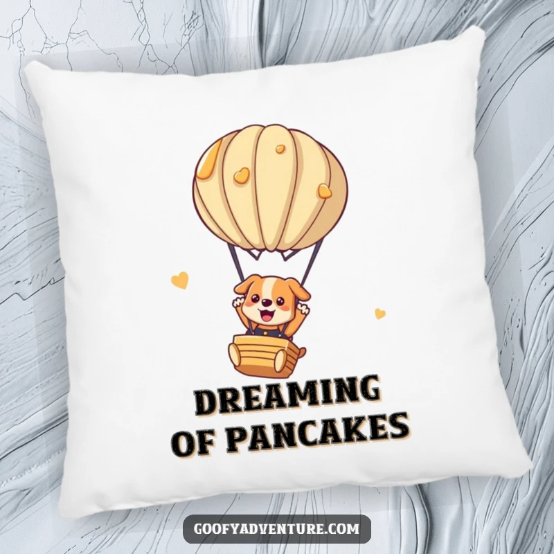 Funny dog pillow showing a playful dog parachuting from a pancake hot air balloon. Cozy and amusing.