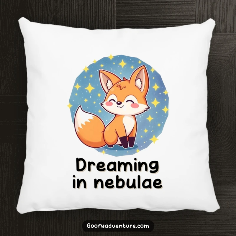 Funny fox character nestled amongst swirling stars on a galaxy pillow, providing comfort and cosmic charm, funny gift.