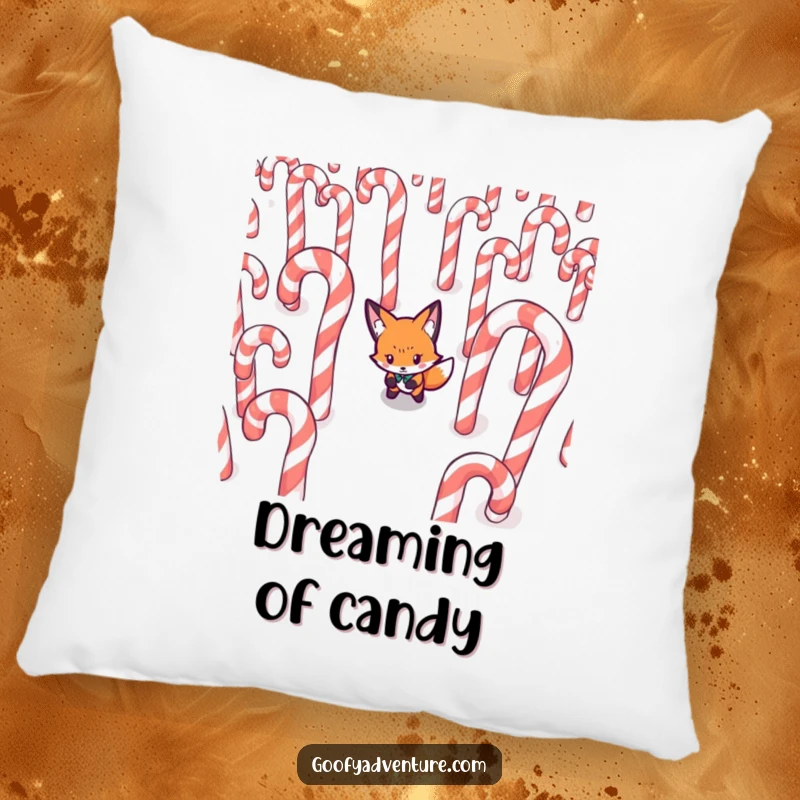 Funny Fox pillow, determinedly navigating a maze made of giant candy canes, comfortable and witty home decor.