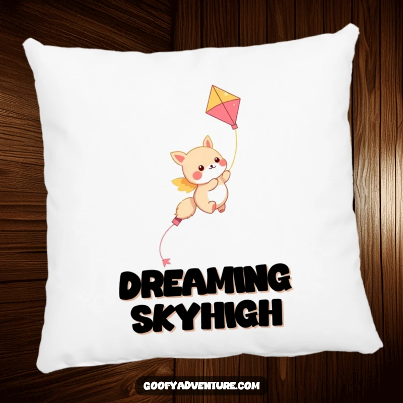 Funny kawaii animal character soaring through the sky on a colorful kite, a soft and humorous pillow for relaxation.