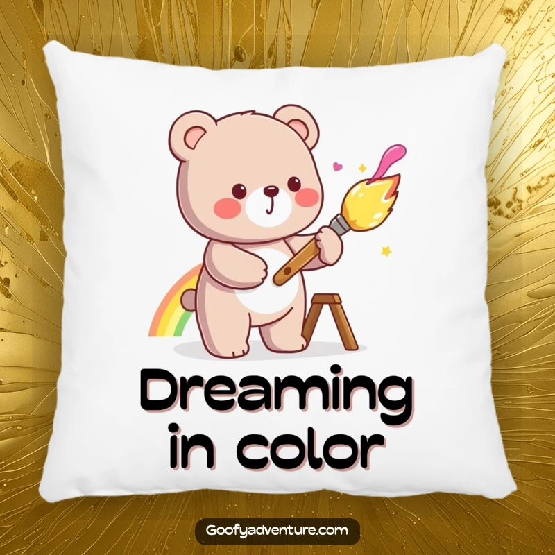 Soft and plush funny kawaii bear pillow, painting a rainbow with a cheerful paintbrush, for comfortable and humorous lounging.