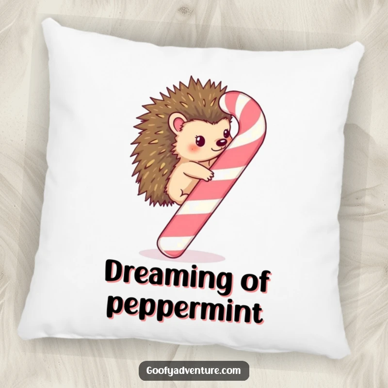 Funny Kawaii hedgehog climbing a huge, colorful candy cane on a soft pillow, ideal for holiday comfort.