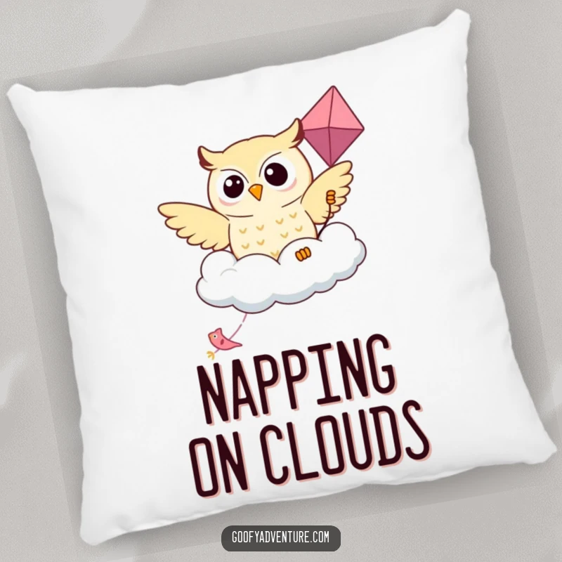 Funny Kawaii owl floating on a kite shaped like a friendly cloud, presented on a soft, decorative pillow.
