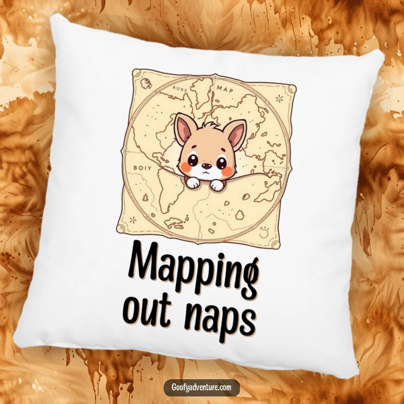 Funny pillow with a curious animal peeking from behind an ancient map, providing comfort and a hint of adventure.