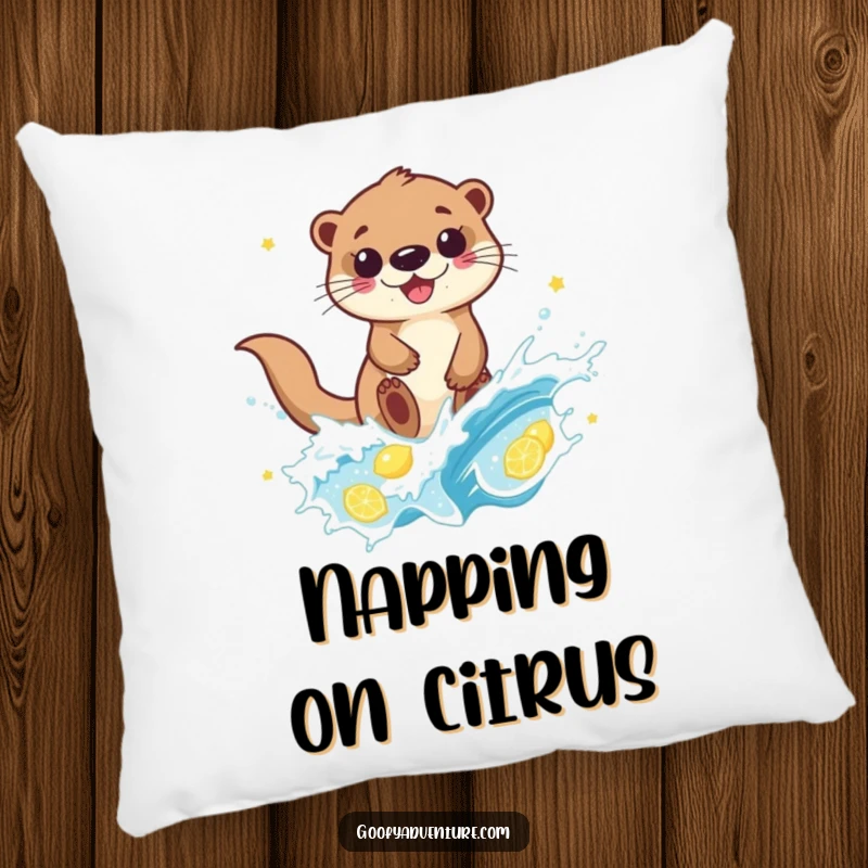 Funny otter character happily riding a bubbly wave of lemonade on a soft pillow, perfect for adding humor and comfort.