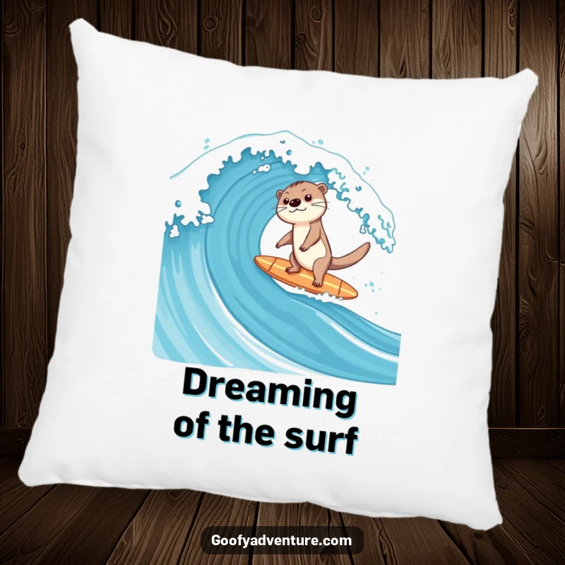 Funny soft pillow depicting a happy otter on a surfboard, balancing expertly on a large ocean wave.
