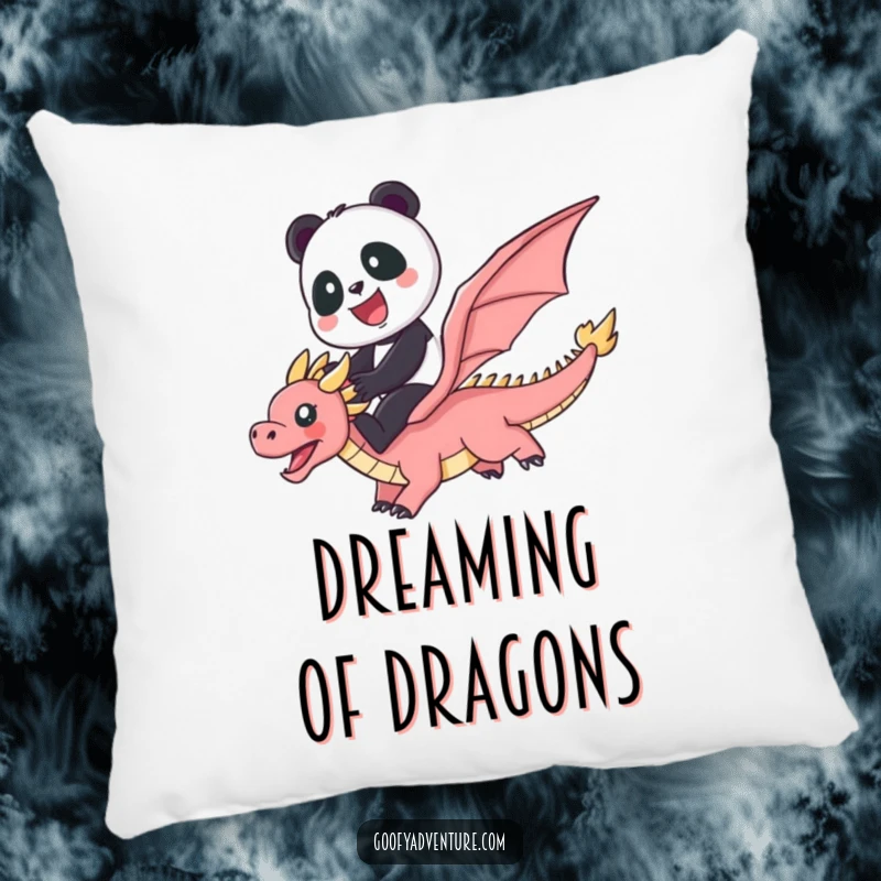 Funny soft pillow with a cute panda riding a flying dragon through a beautiful rainbow, perfect for cuddling.