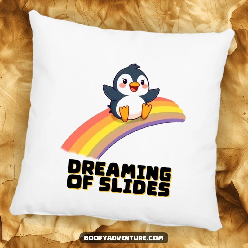 Funny Penguin pillow, joyfully sliding down a giant rainbow, comfortable and cheerful home decor.