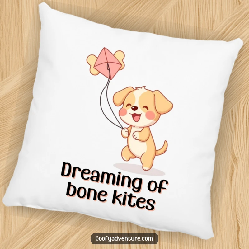 Soft pillow featuring a funny puppy enthusiastically flying a kite shaped like a comically large bone, adding humor.