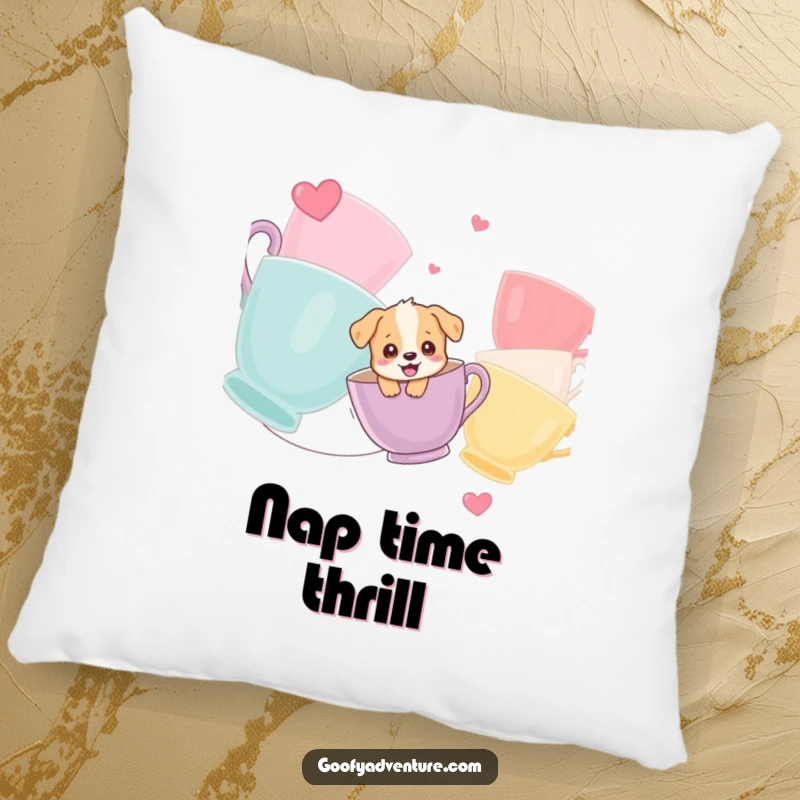 Funny pillow featuring a giggling puppy ziplining between giant teacups, perfect for cozying up with a dose of puppy fun.