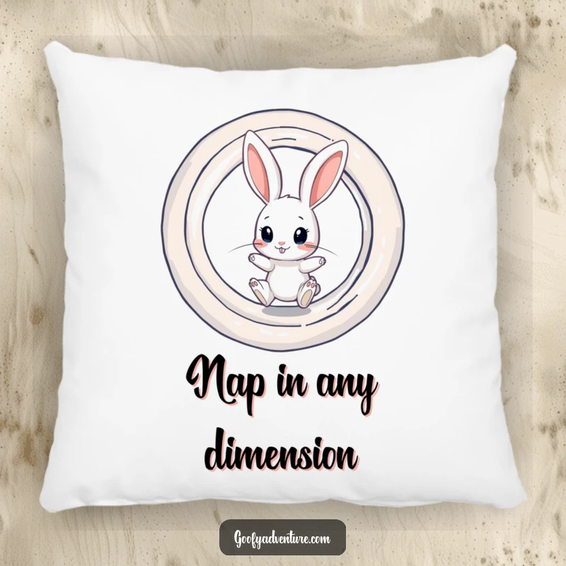 Funny soft pillow featuring a curious rabbit character preparing to jump into a swirling, colorful portal.
