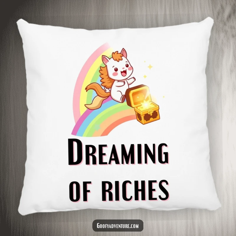 Funny pillow showcasing a joyful animal character on a galloping rainbow heading to a treasure chest, offering comfort and a whimsical touch.