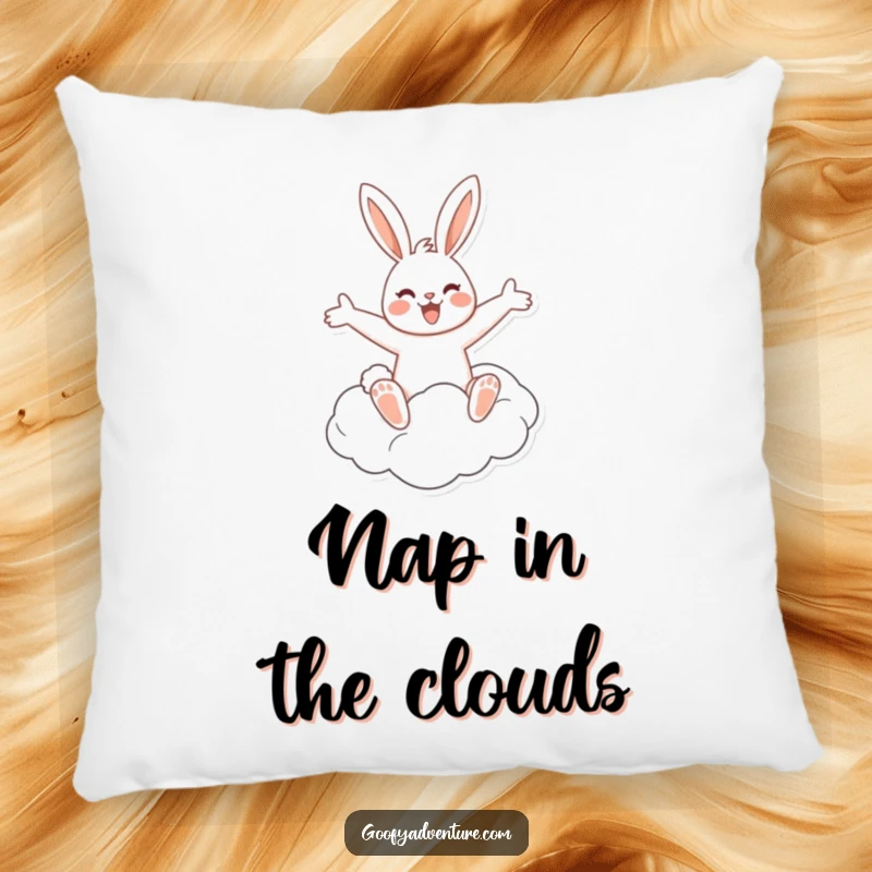 A soft, plush pillow featuring a funny, cheerful rabbit riding a fluffy cloud with arms outstretched, perfect for cozying up.