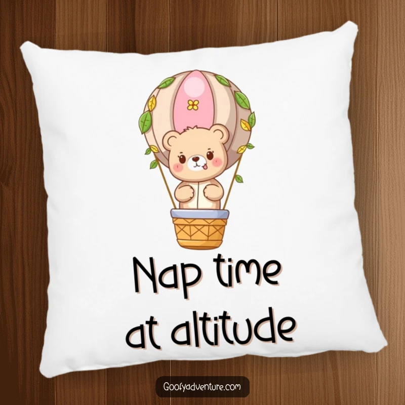 Funny Bear Adventure Pillow: Cute bear character in a hot air balloon, soft and humorous decor.