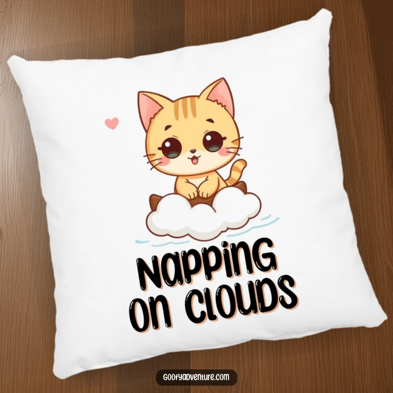 Funny cat character sailing on a cloud boat on a soft pillow, offering comfort and dream-like vibes, funny gift.