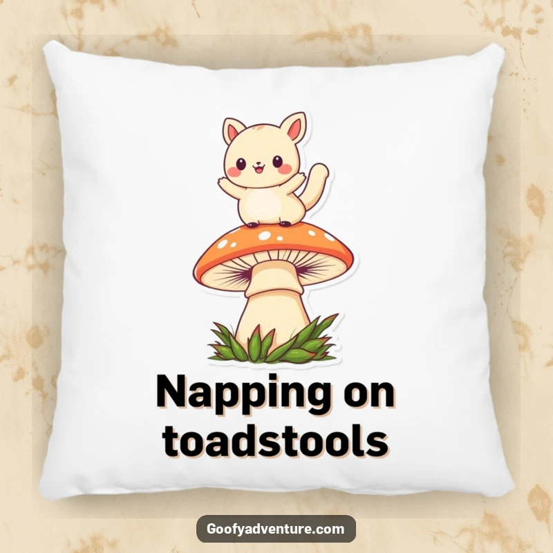 Funny kawaii animal character in a playful leap over a large mushroom, designed as a plush, decorative pillow.