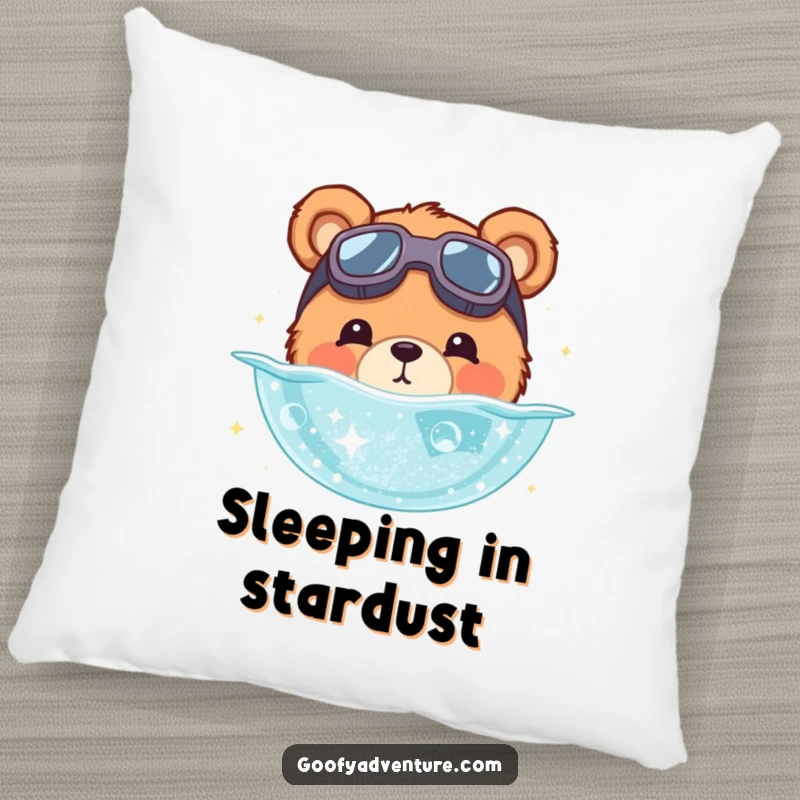Funny bear pillow showing a cute bear with goggles diving into a shimmering pool of stardust. Cozy and humorous.