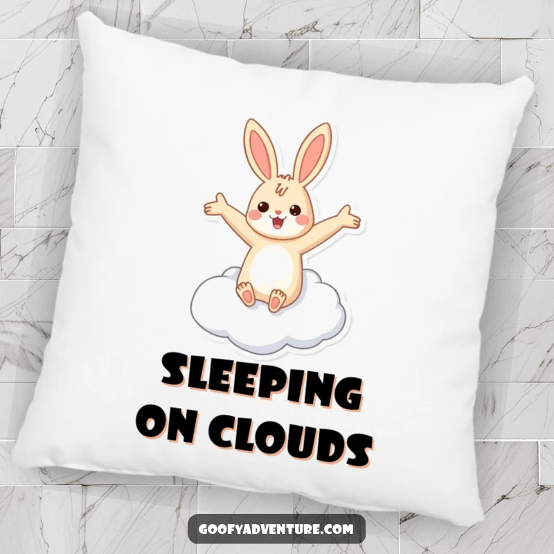 Funny rabbit flying cloud pillow with a cheerful rabbit riding a cloud with arms spread wide, bringing dreamy vibes indoors.