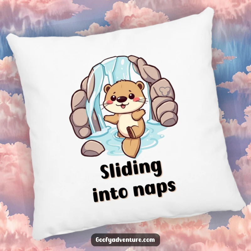 Funny pillow featuring a playful otter sliding down a waterfall entrance, offering comfort and a touch of aquatic fun.