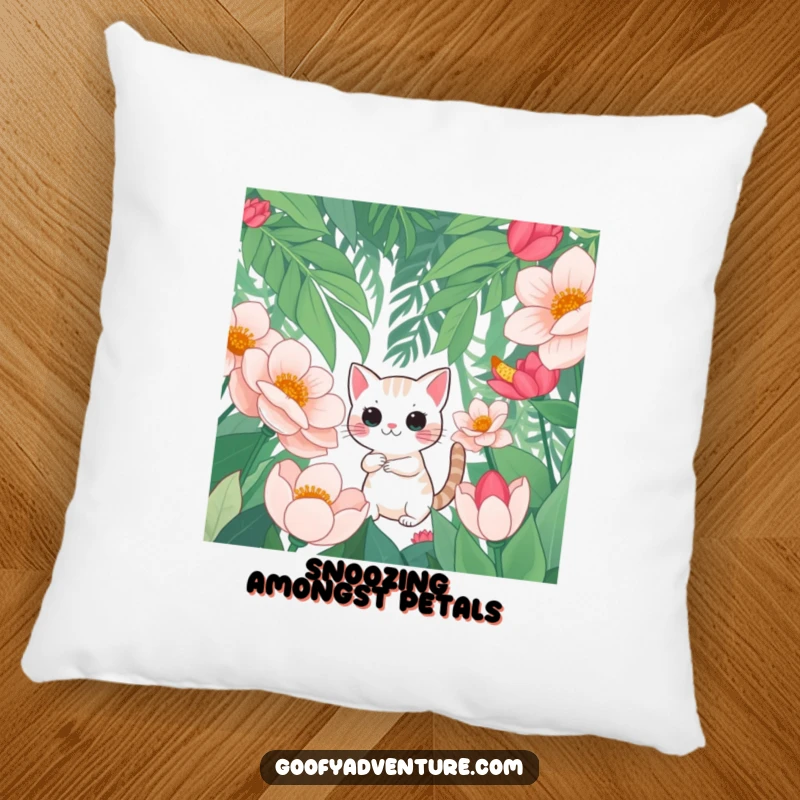 Funny pillow featuring a curious cat character exploring a jungle of oversized flowers, perfect for comfort and a touch of whimsical decor.