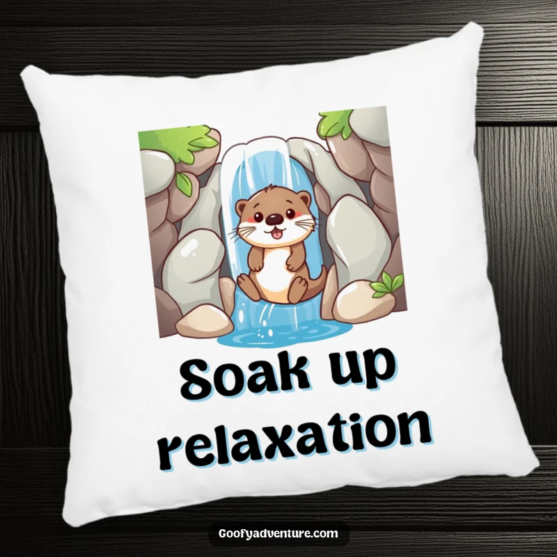 A soft pillow featuring a funny, playful otter sliding down a waterfall entrance, perfect for adding comfort and whimsy.