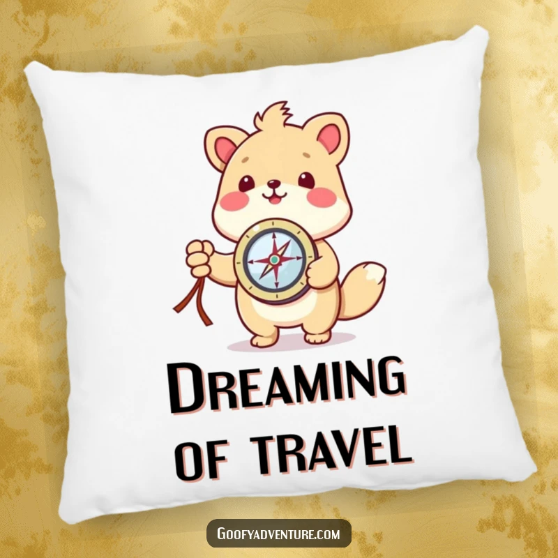 Funny kawaii animal character holding a compass and pointing, designed as a comfortable and decorative pillow.