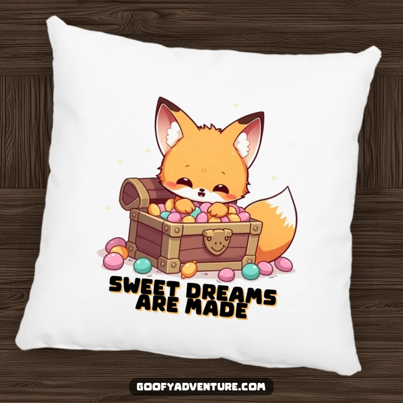 Funny Kawaii fox candy treasure pillow, discovering a hidden chest of sparkling candy, soft and whimsical comfort.