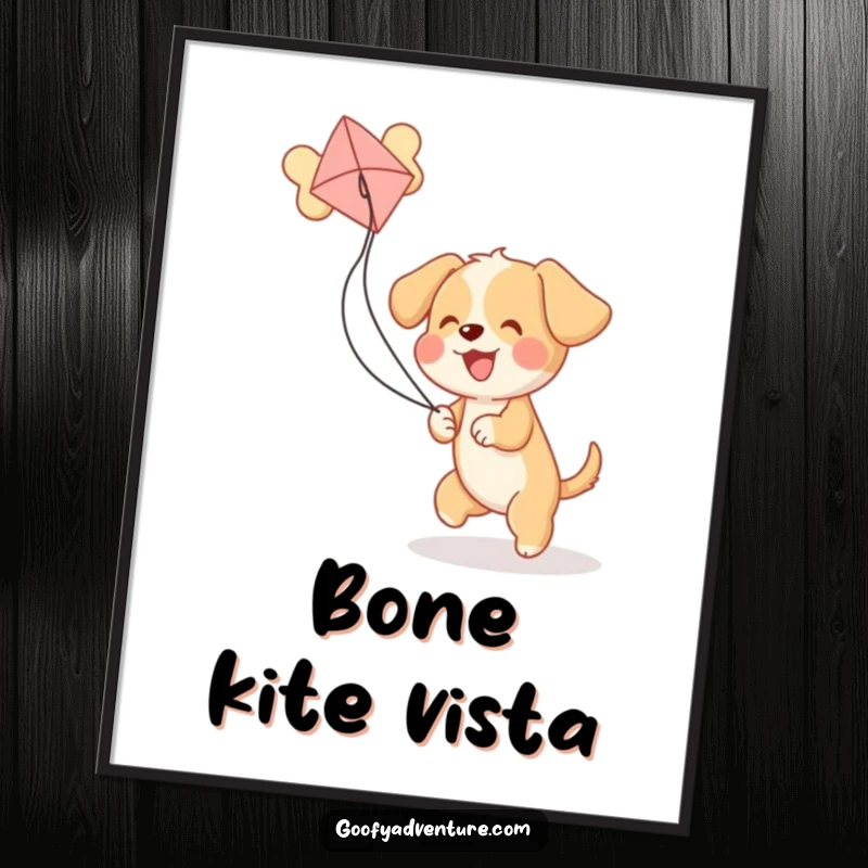 Funny puppy character energetically flying a kite shaped like a large bone, a humorous digital art print.