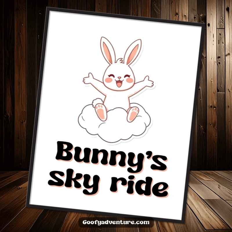 Digital art print of a funny, cheerful rabbit joyfully riding a cloud with arms outstretched, evoking a sense of freedom and fun.