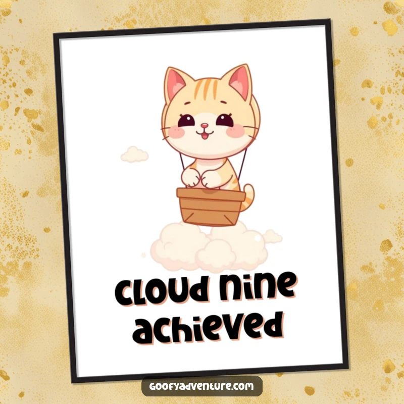 High-resolution funny digital art print of a playful cat steering a hot air balloon, floating gracefully above a dreamy cloudscape.