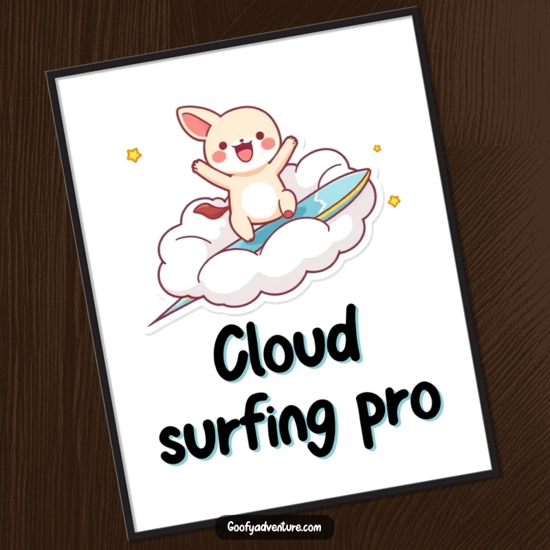 Funny kawaii animal character riding a fantastical cloud like a surfboard, vibrant digital art for instant download.