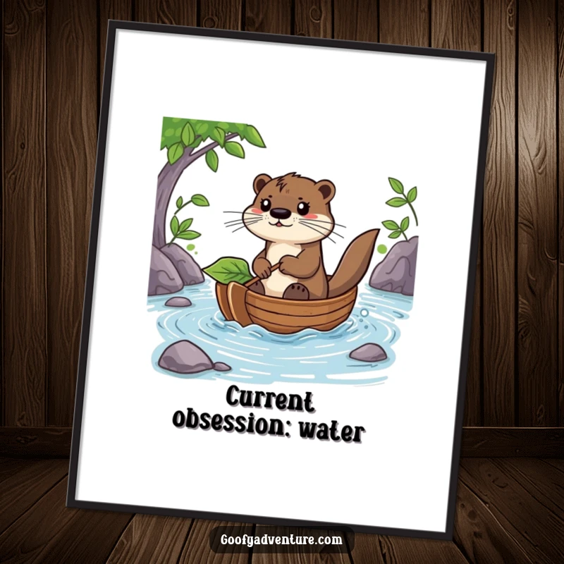 Funny Otter Digital Art Print: A determined otter pilots a leaf boat down a river, a humorous artwork for any digital display.