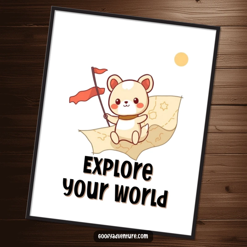 Funny kawaii animal character bravely charting a course on a giant map, vibrant digital art print for adventure decor.