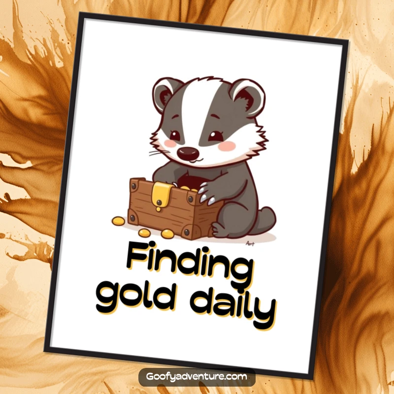 Funny Badger Digital Art Print: A clever badger discovers a hidden treasure chest, perfect for displaying intelligence and the thrill of finding.
