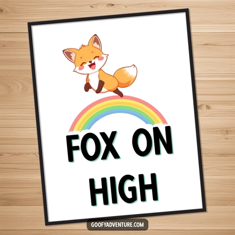 Digital art print of a funny, ecstatic fox leaping over a magnificent rainbow, symbolizing joy and boundless optimism.