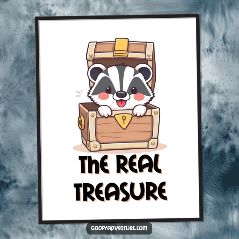 Funny digital art of a smiling badger peeking from a treasure chest brimming with gold coins, a printable artwork.