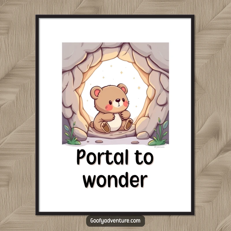 Funny digital art of a curious bear cub discovering a magical portal to another world, a printable artwork.