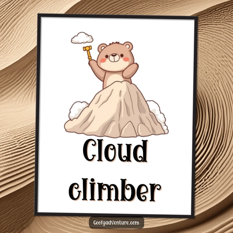 Funny digital art print of a determined bear character triumphantly climbing a fluffy cloud mountain, ready to inspire any room.