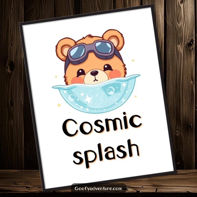 Funny bear digital art print of a cute bear with goggles diving into a pool of shimmering stardust. Instant cosmic decor.