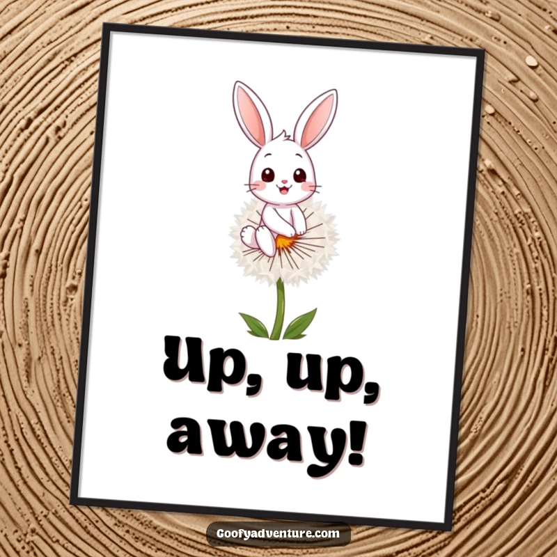 Funny bunny character soaring on a dandelion seed, presented as a digital art print, ready to adorn any wall, funny gift.