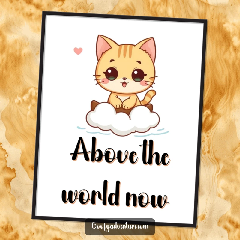 Funny cat character sailing on a tiny cloud boat, presented as a digital art print, bringing serene whimsy, funny gift.