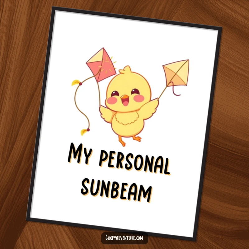 Funny Chick Digital Art Print: A joyous chick flies with a kite made of sunshine, perfect for cheerful and uplifting digital displays.