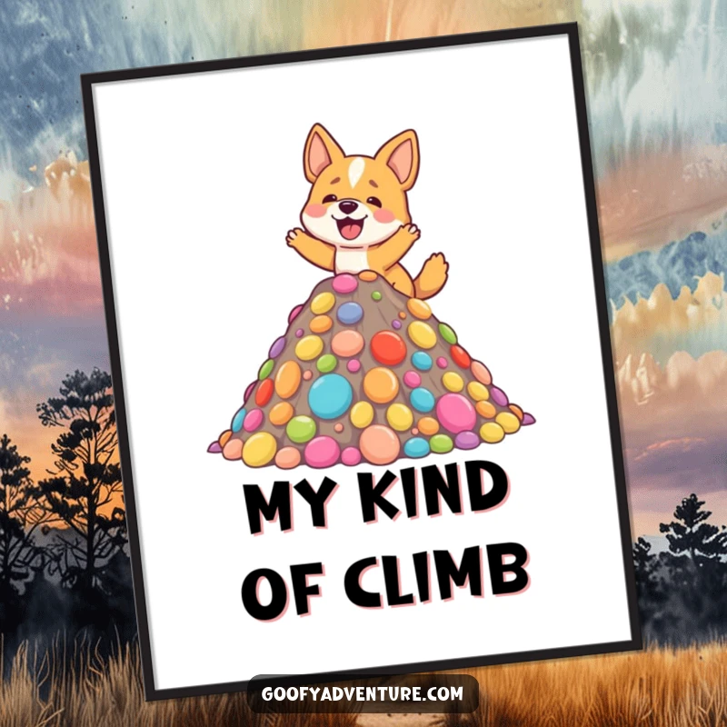 High-resolution funny digital art print of a delighted dog joyfully climbing a colorful, delicious-looking mountain made entirely of candy.