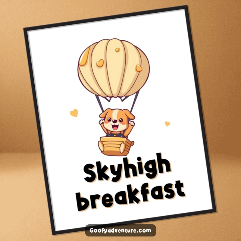 Funny dog digital art print of a playful dog parachuting from a pancake hot air balloon. Instant breakfast humor decor.
