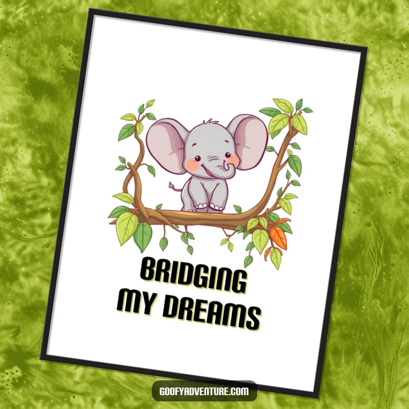 Funny happy elephant crossing a jungle vine bridge, digital art print, jungle adventure theme, humorous wall decor.