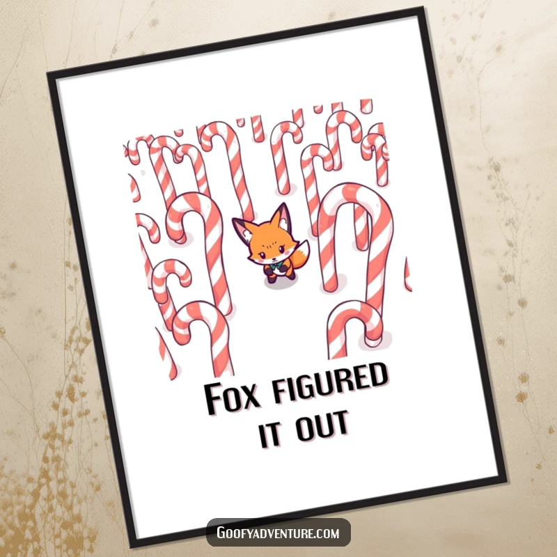 Funny Fox digital art print, determinedly navigating a maze made of giant candy canes, vibrant and witty decor.