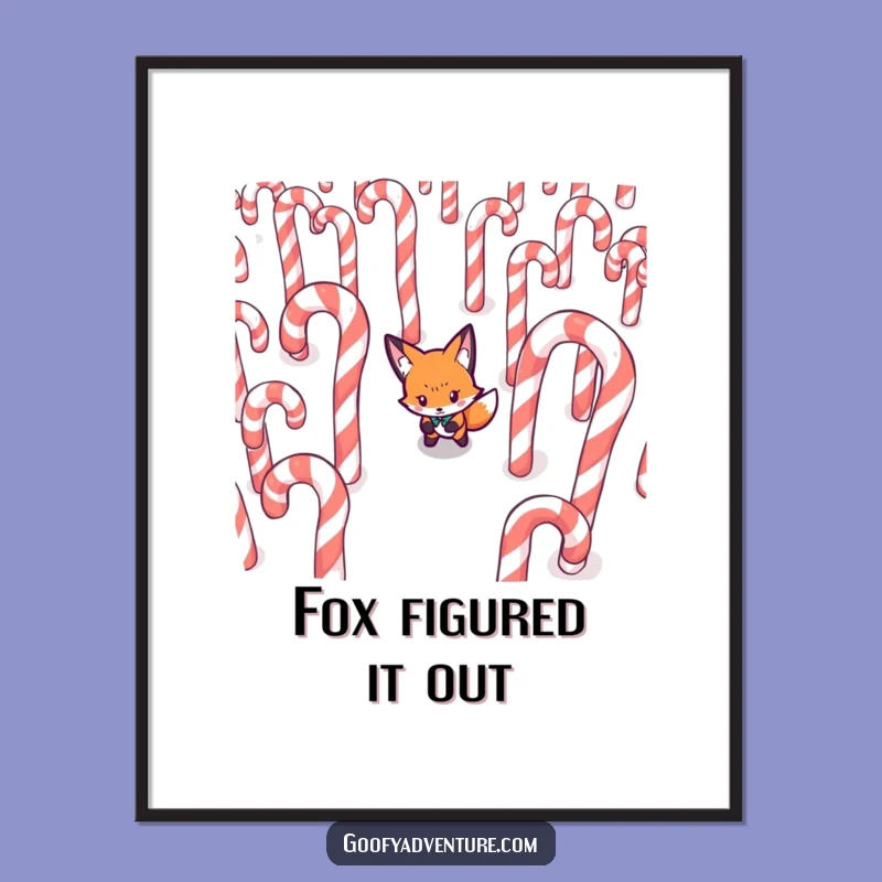 Funny Fox Digital Art Print - Vibrant Candy Cane Maze Decor