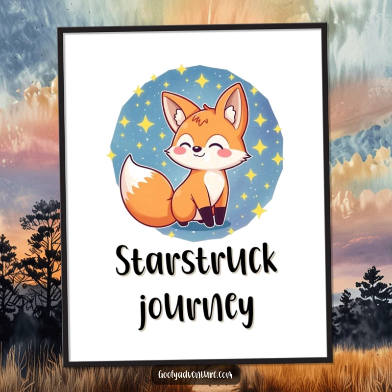 Funny fox character exploring a swirling galaxy of stars, presented as a digital art print, ready to inspire awe, funny gift.